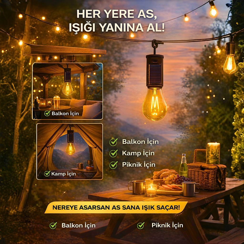Askılı Kamp Lambası – Güneş Enerjili & Type-C Şarjlı LED Ampul