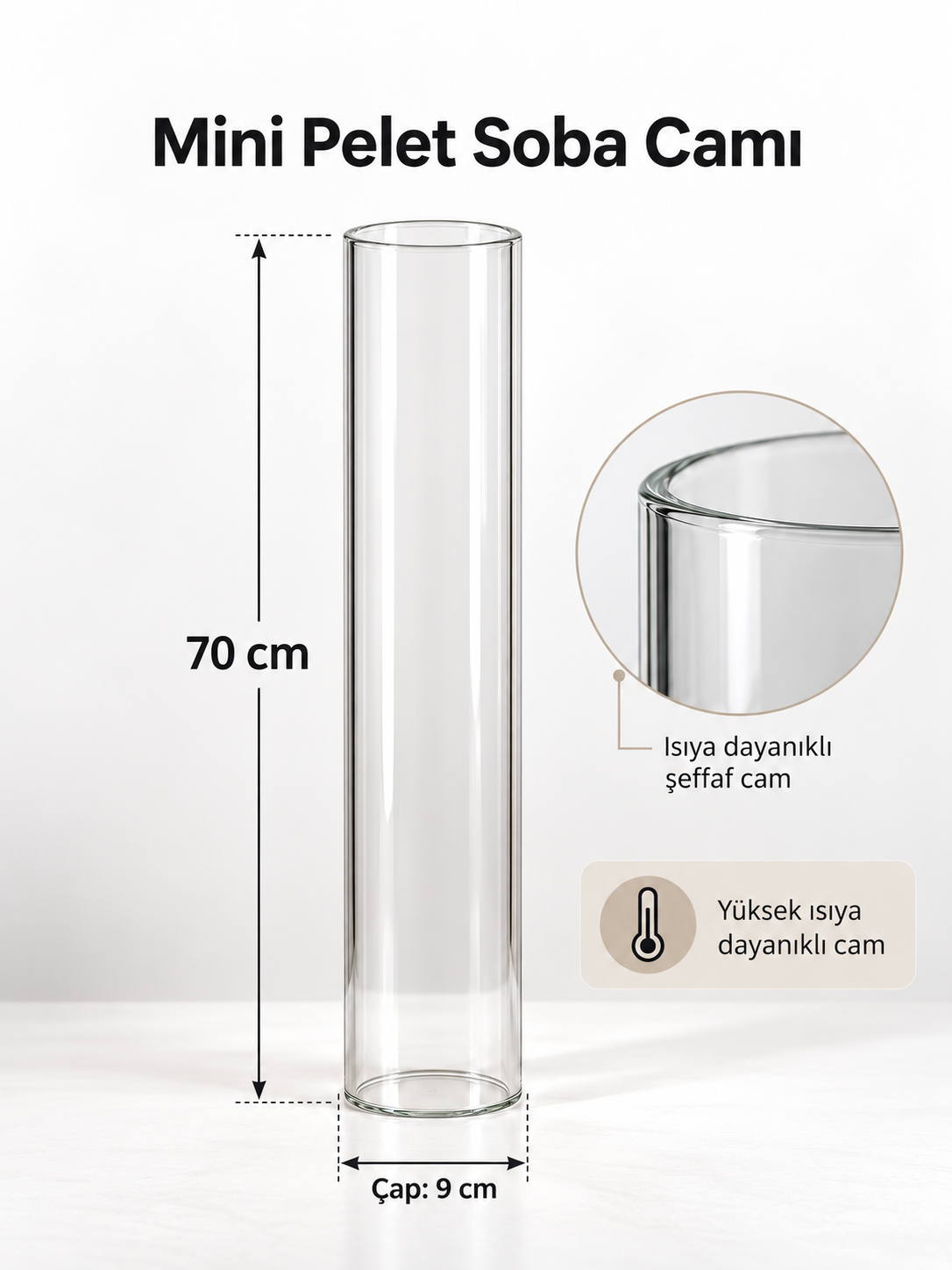 ZERON Mini Pelet Sobası Isıya Dayanıklı Cam – 70 cm x 9 cm