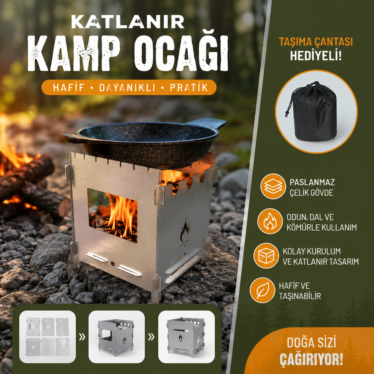 Katlanır Kamp Ocağı – Paslanmaz Çelik, Taşınabilir