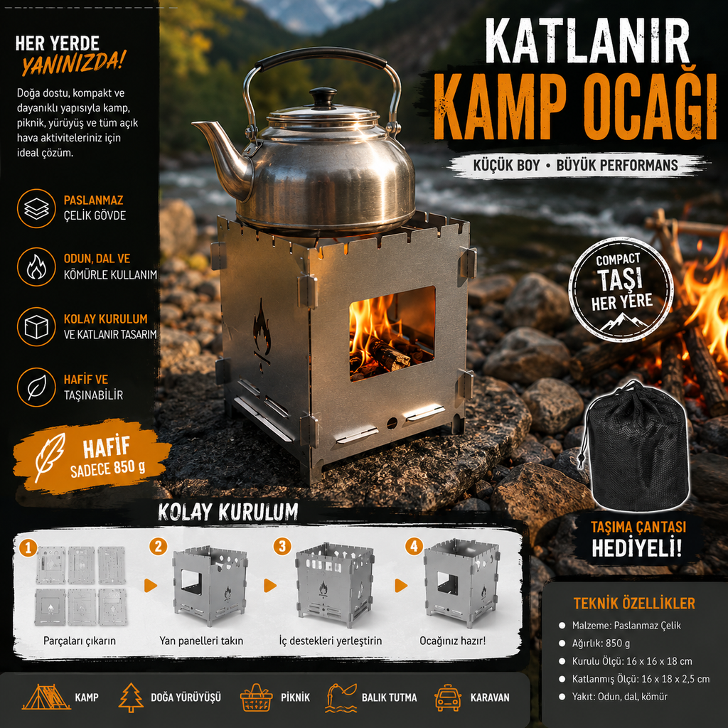 Katlanır Kamp Ocağı – Paslanmaz Çelik, Taşınabilir