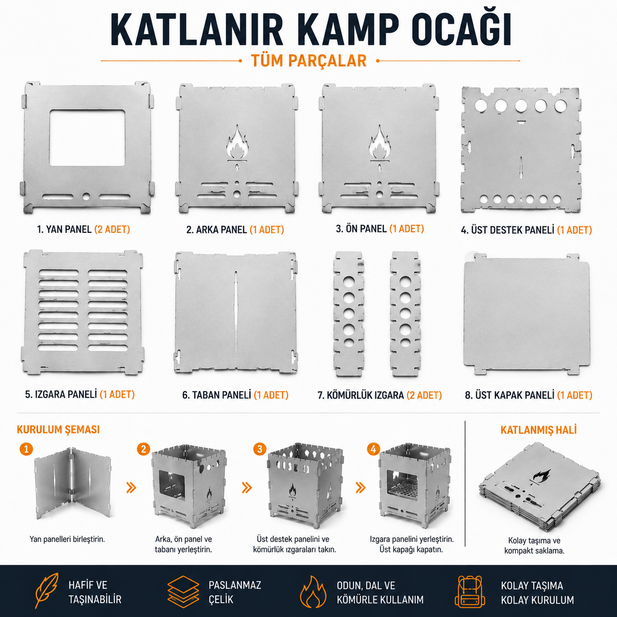 Katlanır Kamp Ocağı – Paslanmaz Çelik, Taşınabilir