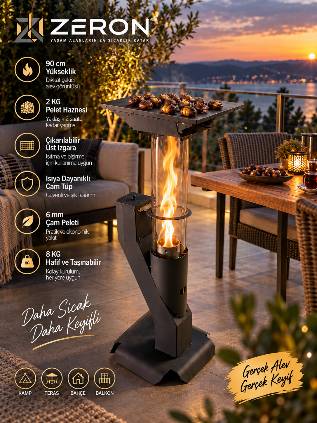 ZERON 90 cm Pelet Sobası – Izgaralı, 2 kg Pelet Hazneli