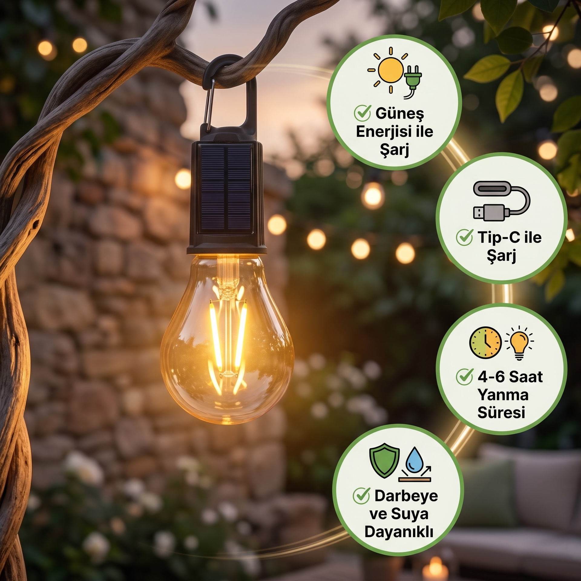 Askılı Kamp Lambası – Güneş Enerjili & Type-C Şarjlı LED Ampul
